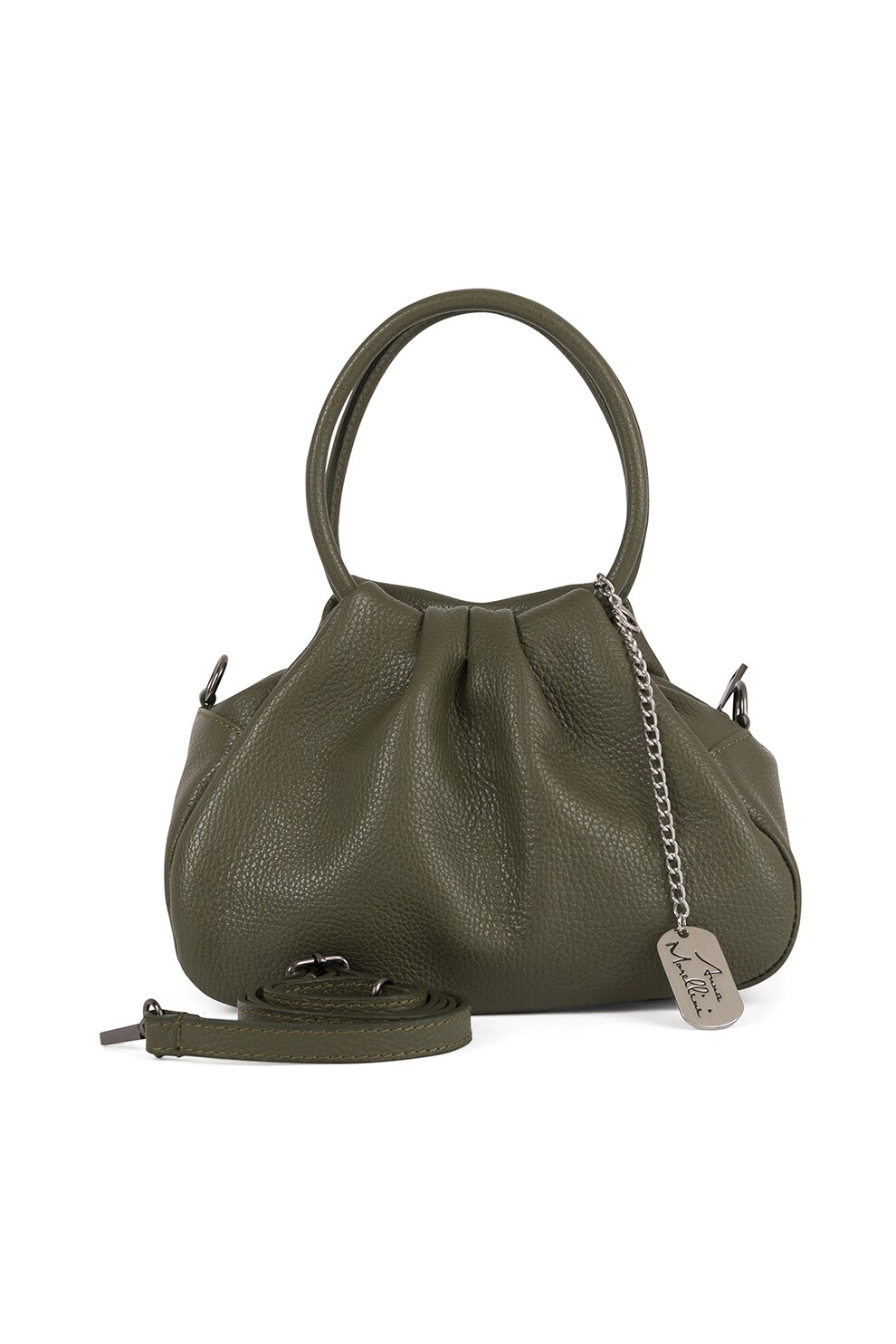 Anna Morellini, Geanta de piele cu bareta de umar si accesoriu metalic Aida, Verde militar