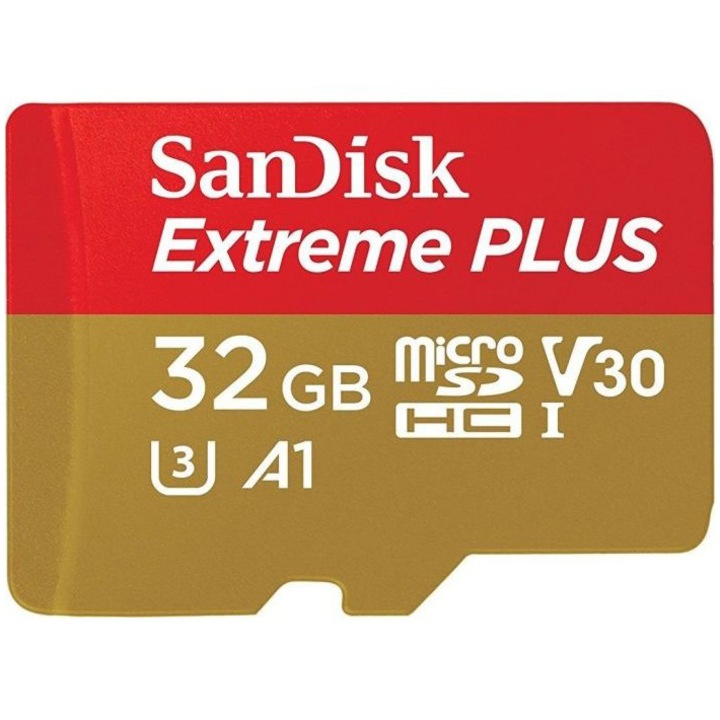 Card de memorie SanDisk microSDHC Extreme Plus, Adaptor SD + Rescue Pro Deluxe, 32GB 100MB/s A1 C10 V30 UHS-I U3
