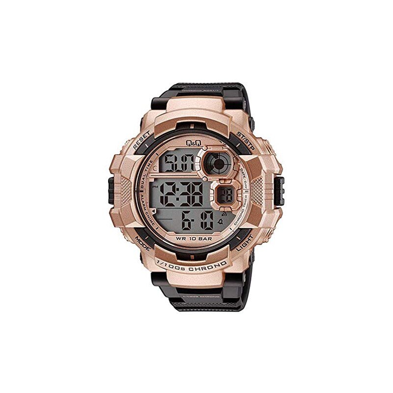 Ceas barbatesc, Q&Q, digital, negru/auriu, functii multiple, 10 ATM, diametru 55 mm