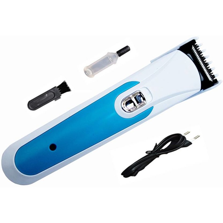 Trimmer pentru Ingrijire Personala KlaussTech, Acumulator reincarcabil, Lame din Otel, Indicator LED Incarcare, Design Ergonomic, Culoare Alb/Albastru