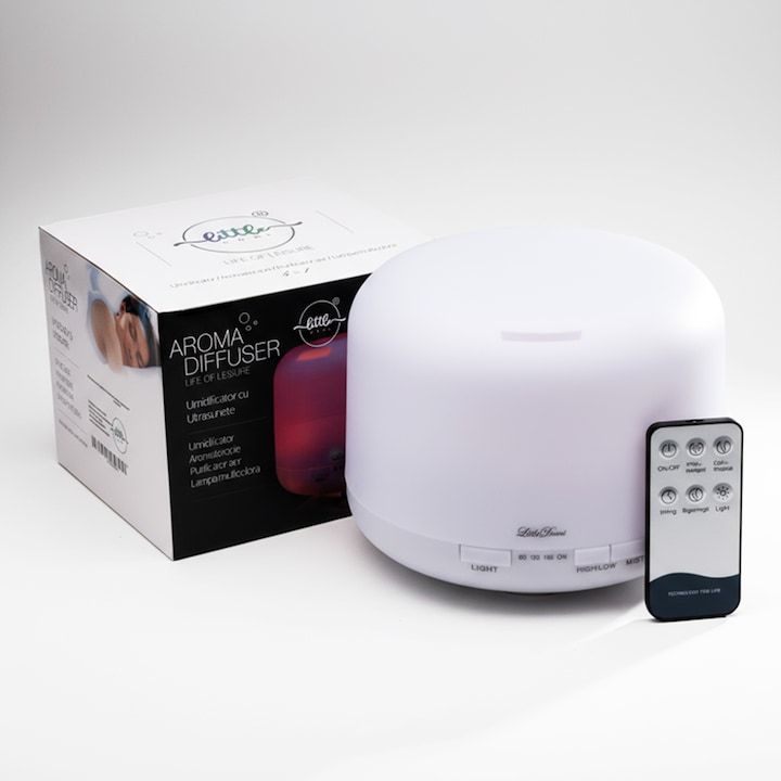 Difuzor Aromaterapie, LittleDomi, Umidificator cu Ultrasunete, Lampa de veghe cu Telecomanda, 500 ml,16 ore, silentios, Alb