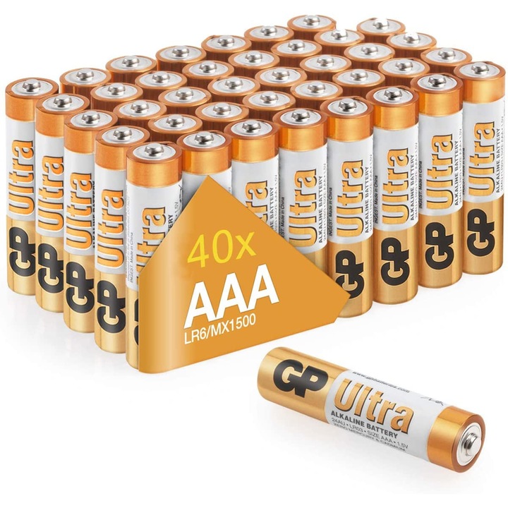 Baterii alcaline GP-Batteries Ultra Alcaline AAA, LR3, set 40 bucati, 1.5 V, zero mercur, zero cadmium