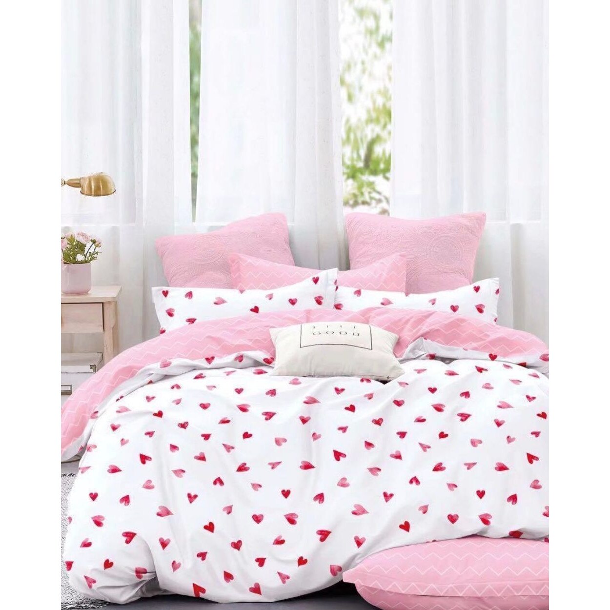 Set Lenjerie Bumbac Satinat 2 Fete - 4 Piese - Inimi Roz