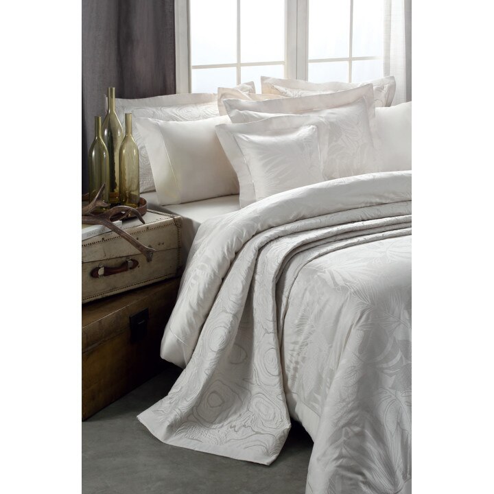 Set lenjerie pentru pat dublu Valeron, Liciang, bumbac Pima 100%, tesatura jacquard, 7 piese, hipoalergenic, calitate premium, ivory