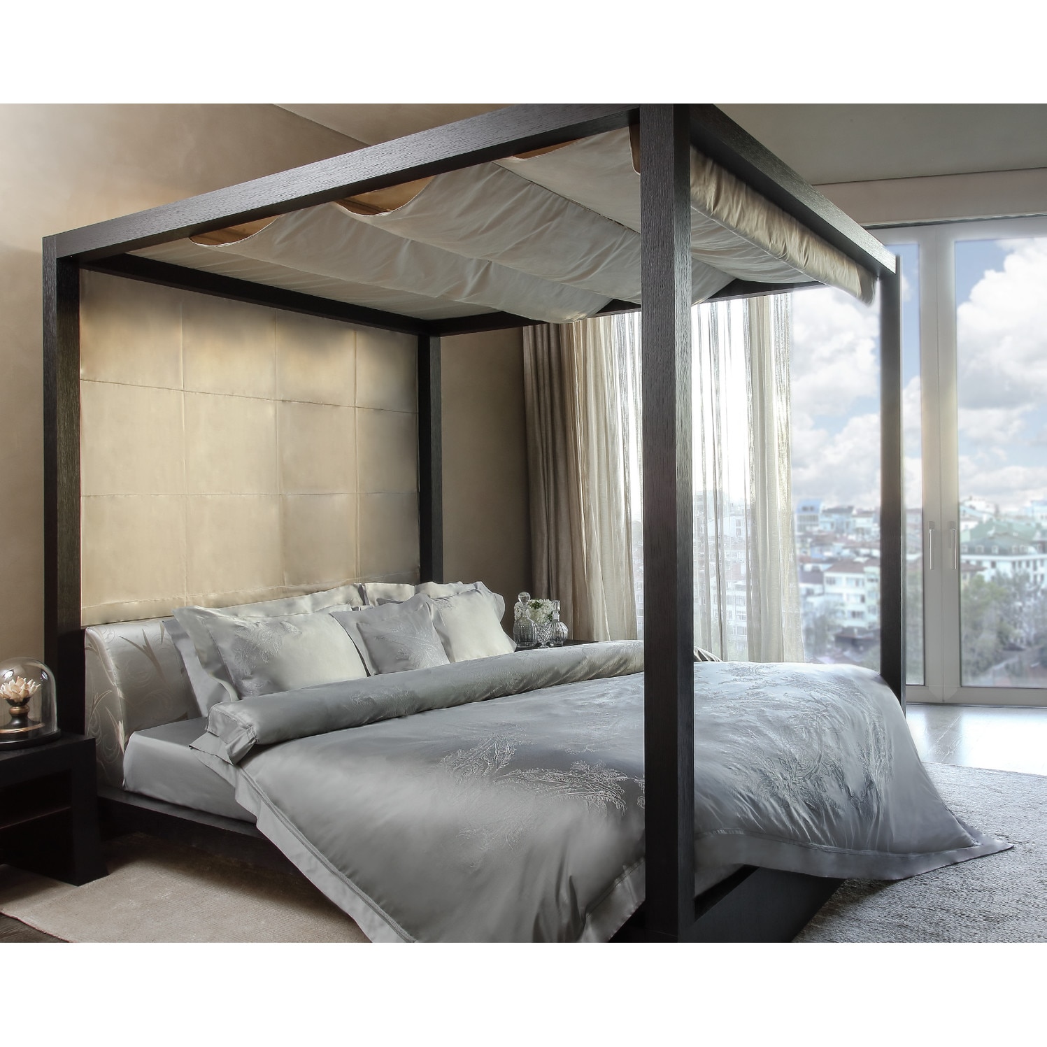 Set lenjerie pentru pat dublu Valeron, Werther, bumbac Pima 100%, tesatura jacquard, 7 piese, hipoalergenic, calitate premium, gri