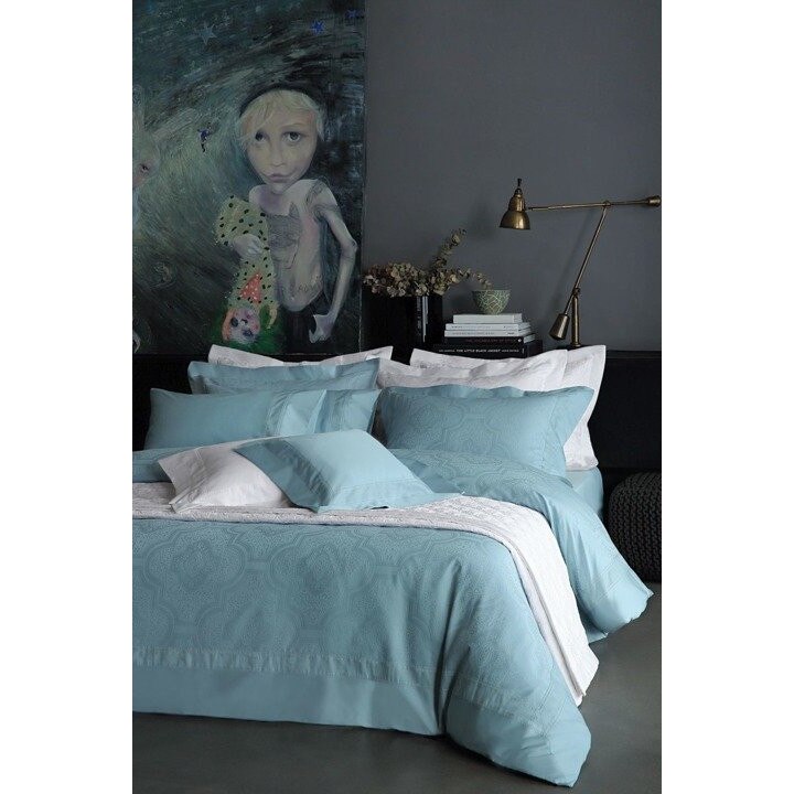 Set lenjerie pentru pat dublu Valeron, La Mer, bumbac 100%, tesatura Jacquard, 7 piese, hipoalergenic, calitate premium, albastru