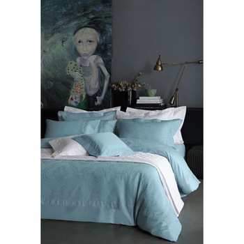 Set lenjerie pentru pat dublu Valeron, La Mer, bumbac 100%, tesatura Jacquard, 7 piese, hipoalergenic, calitate premium, albastru Set lenjerie pentru pat dublu Valeron, La Mer, bumbac 100%, tesatura Jacquard, 7 piese, hipoalergenic, calitate premium, albastru