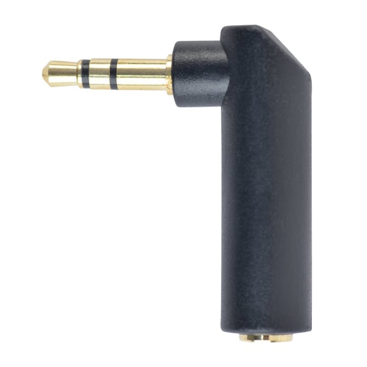 Стерео аудио адаптер, Gembird, прав ъгъл от 90 градуса, позлатени конектори 3,5 mm мъжки жак към 3,5 mm женски жак, минимизира огъването на кабела, черен