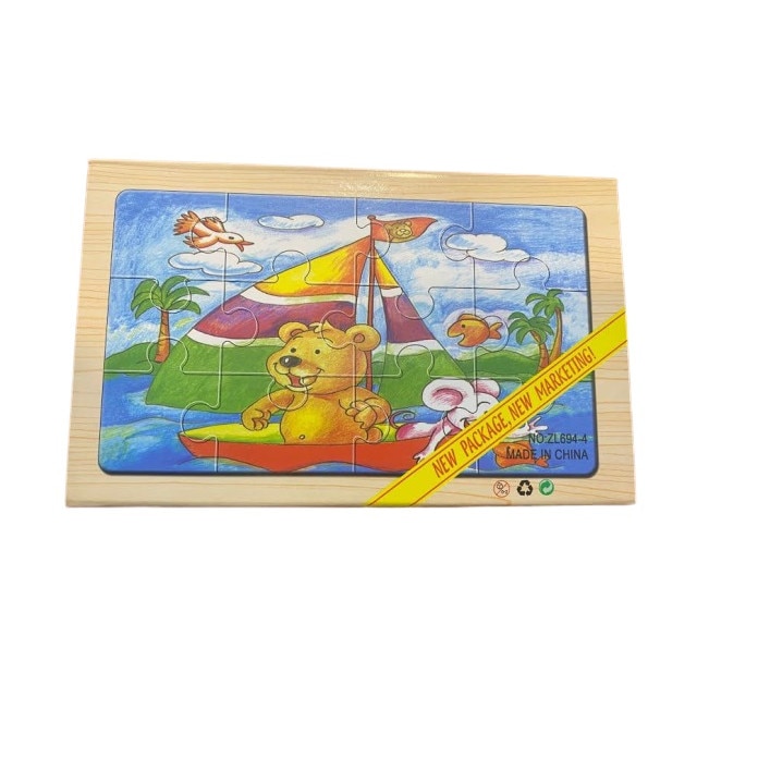 Set cu 4 puzzle cu piese de lemn in cutie de lemn, 48 de piese