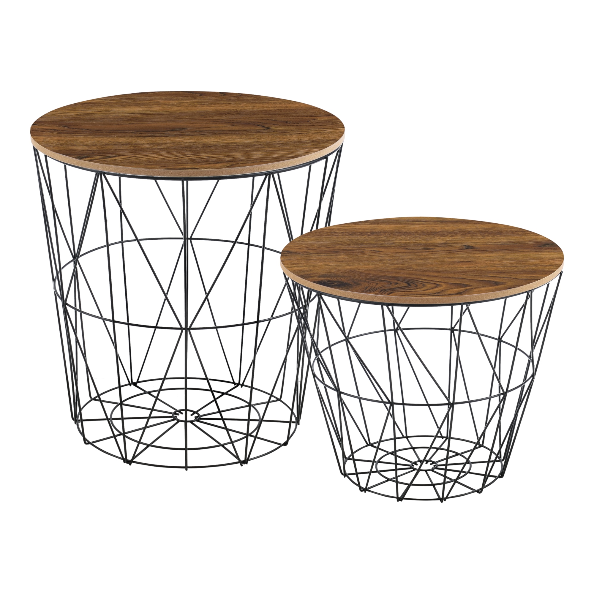 Set 2 bucati masuta cafea cu 2 tavi detasabile Codogno, en.casa, cos 1, 32 cm x 23 cm (jos) - 38 cm (sus), cos 2, 41 cm x 30 cm (jos) - 40 cm (sus), metal/MDF, negru/maro