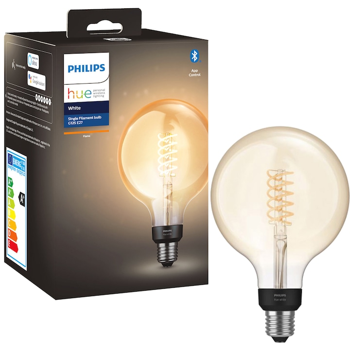 Bec LED inteligent vintage Philips Filament Globe, Bluetooth/Wireless, E27, 7W (40W), 550 lm, lumina alba calda, clasa energetica G