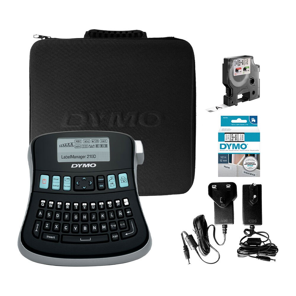 Aparat de etichetat (imprimanta etichete) DYMO LabelManager 210D, QWERTY, Kit si 1 caseta etichete profesionale D1, 12mm x 7m, negru/alb, S0964070, 45013