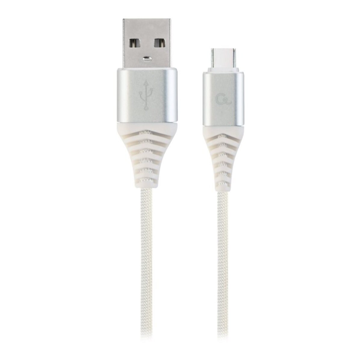 Cablu premium USB type C tata la USB tata, Gembird, lungime 1 m, cu invelis din bumbac impletit, interfata USB 2.0, incarcare si date, argintiu cu alb