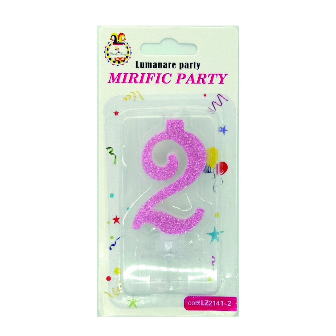 Lumanare sclipici , cifra 2 , roz , 9cm