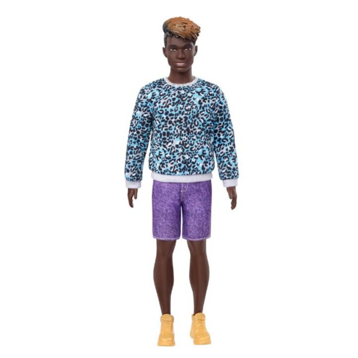 Papusa Barbie Fashionistas, baiat Ken afro cu par blond si bluza cu animal print, Sculpted Dreadlocks, 30 cm
