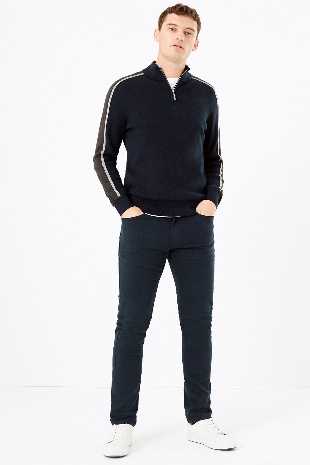 Marks & Spencer, Blugi slim fit cu talie medie, Bleumarin inchis/Negru