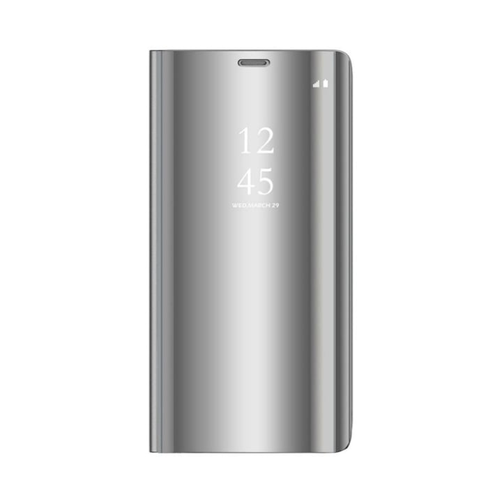 Huawei Y6P Tok álló, aktív flip tok, oldalra nyíló, kitámasztható, mirror view case, ezüst