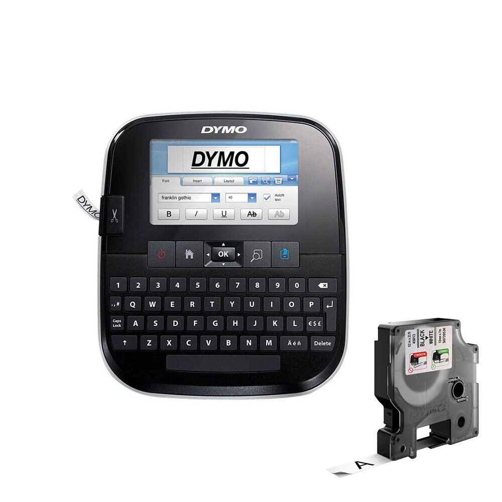 Aparat de etichetat (imprimanta etichete) Dymo LabelManager 500TS, QWERTY, (touchscreen) si 1 caseta etichete profesionale D1, 12mm x 7m, negru/alb, S0946410, 4501