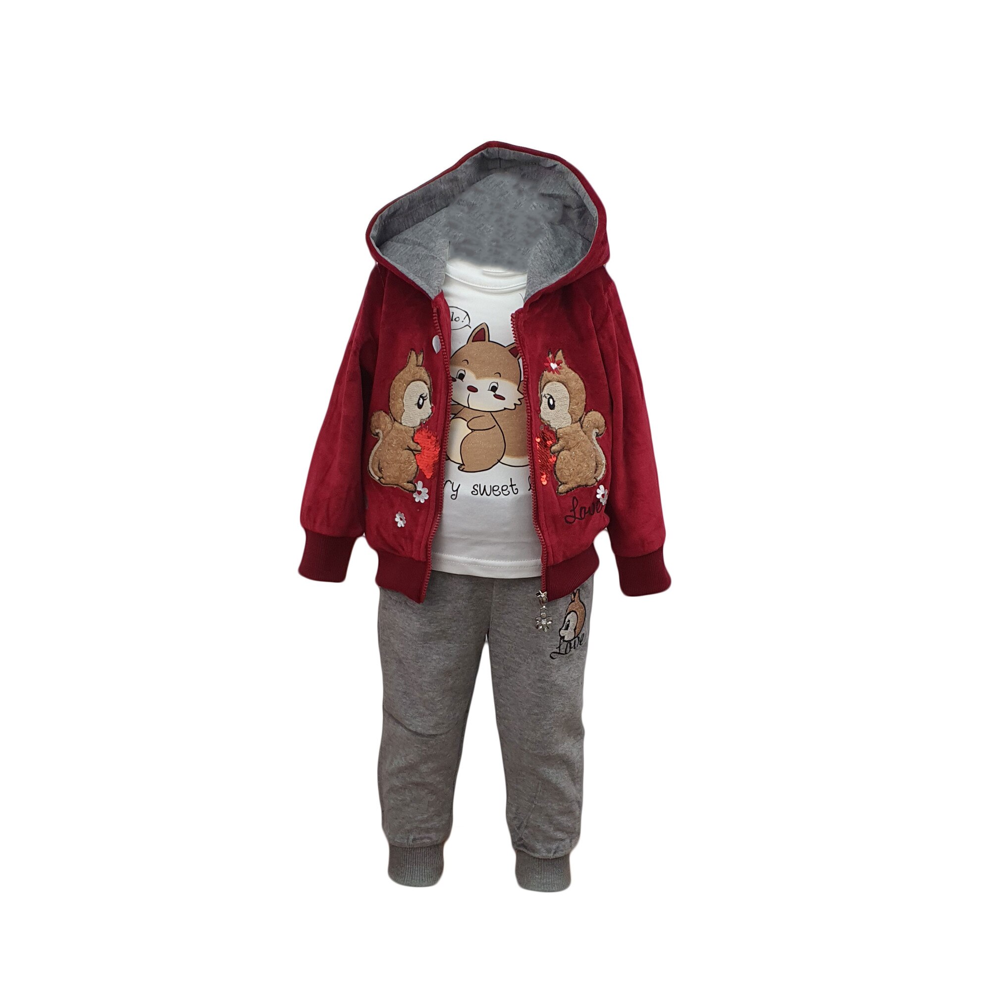 Trening fete, trei piese grena din catifea, marime 80 cm, varsta 12 luni