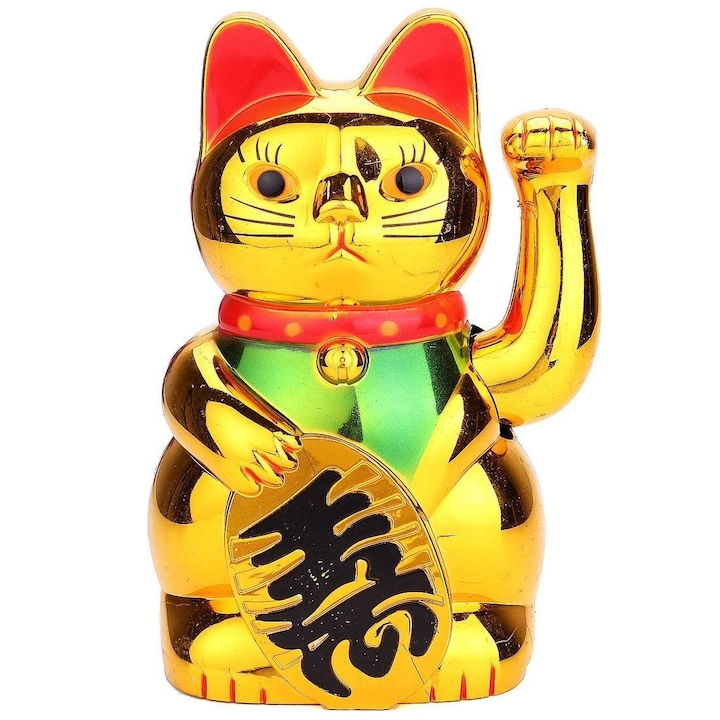 OEM Integető macska, Feng Shui szerencsehozó, műanyagból, 15 cm hosszú, arany