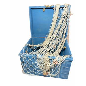 Set Cufar decorativ model maritim cu plasa de pescuit alba, Lemn, Albastru, 46 x 36 x 36cm Set Cufar decorativ model maritim cu plasa de pescuit alba, Lemn, Albastru, 46 x 36 x 36cm