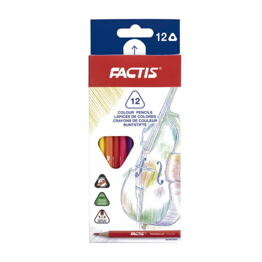 Set 12 Creioane Color FACTIS Super Soft, 12 Culori, Mina Cerata si Corp Triunghiular din Lemn