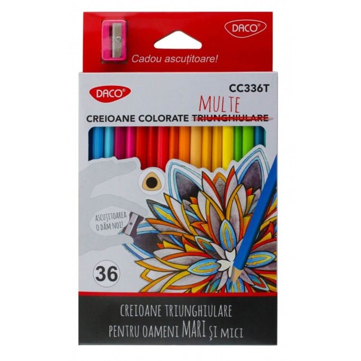 Set 36 Creioane Color DACO, 36 Culori, Corp Triunghiular din Lemn, cu Ascutitoare