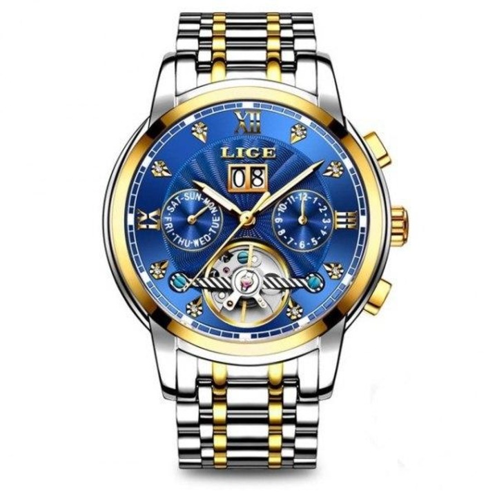 Мъжки часовник Lige, автоматичен механичен, аналогов, класически, бизнес, елегантен, неръждаема стомана, светещи индекси, календар, синьо сребро
