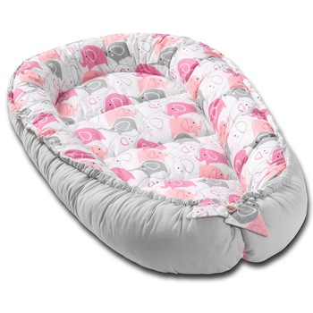 Cosulet bebelus pentru dormit Kidizi Baby Nest Cocoon 90x50 cm Pink Elephants, husa 100% bumbac Cosulet bebelus pentru dormit Kidizi Baby Nest Cocoon 90x50 cm Pink Elephants, husa 100% bumbac