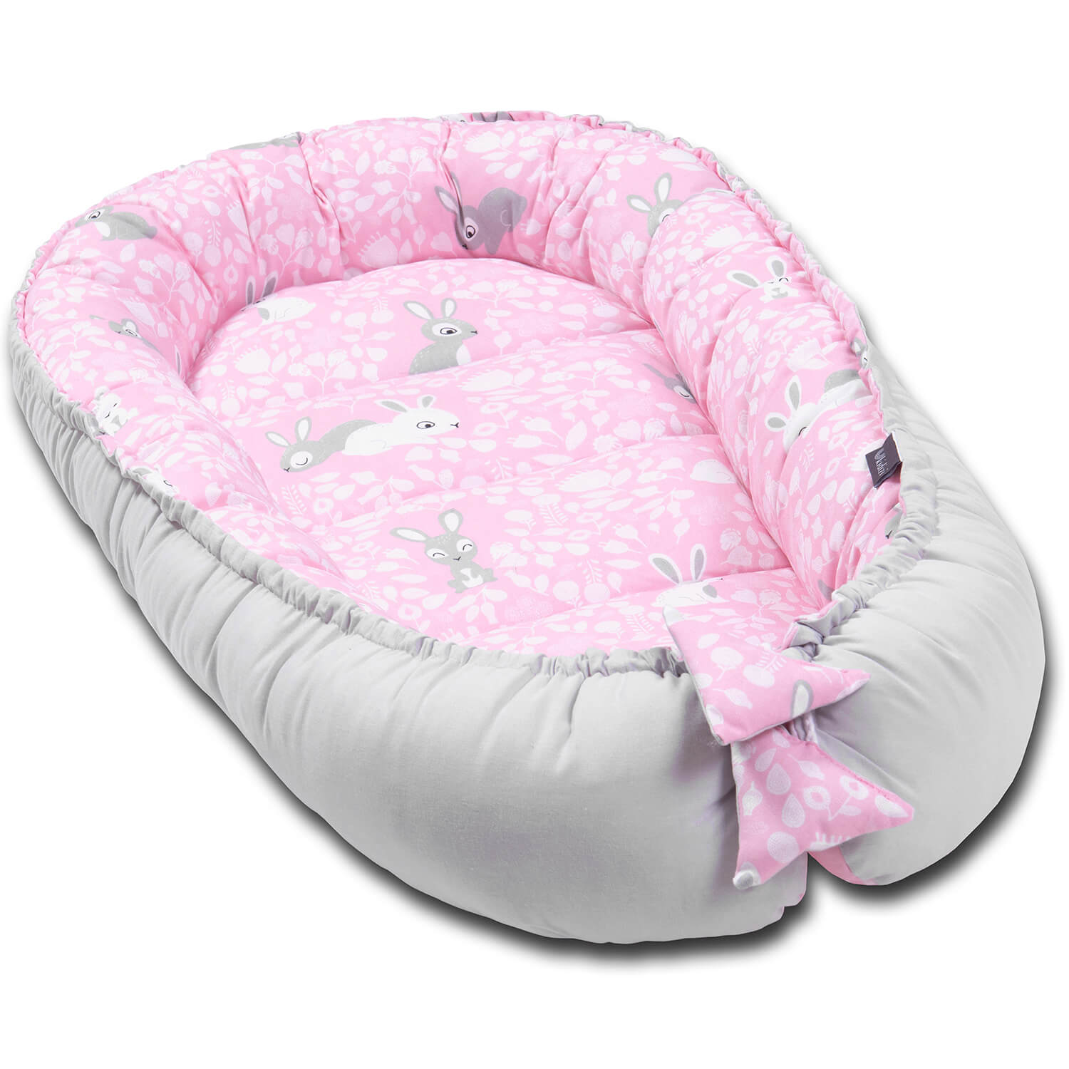 Cosulet bebelus pentru dormit Kidizi Baby Nest Cocoon 90x50 cm Sweet Bunny Grey, husa 100% bumbac