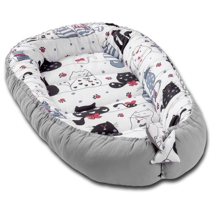 Cosulet bebelus pentru dormit Kidizi Baby Nest Cocoon 90x50 cm Happy Kitten, husa 100% bumbac