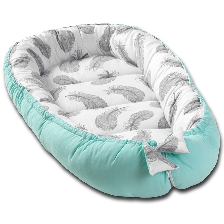 Cosulet bebelus pentru dormit Kidizi Baby Nest Cocoon 90x50 cm Mint Grey Feathers, husa 100% bumbac