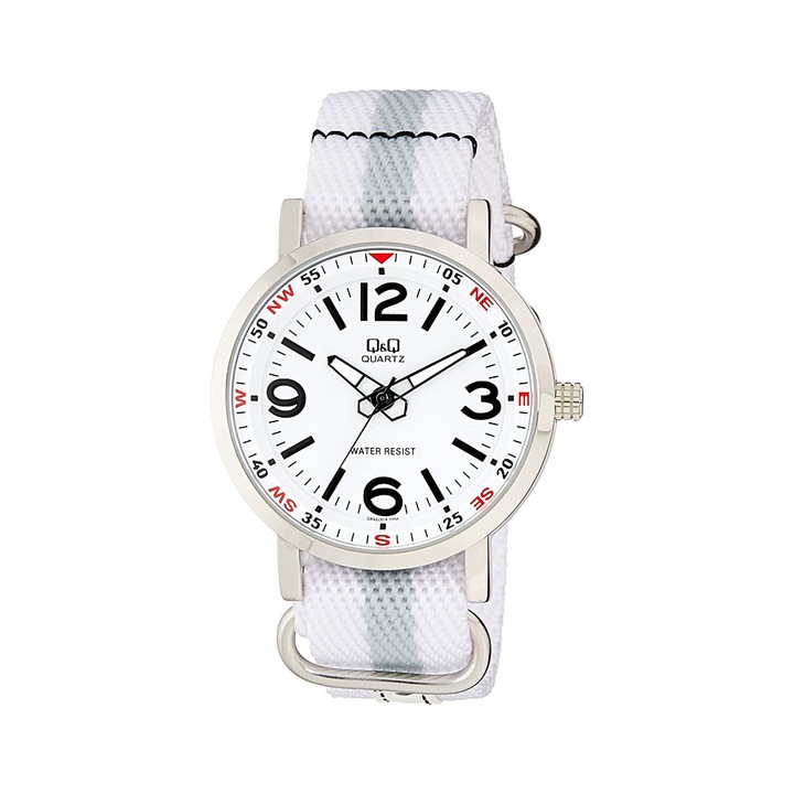 Ceas barbatesc Q&Q, curea din material textil, alb cu gri