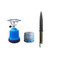 Pachet aragaz de voiaj, portabil,Nurgaz, Model 132-1, albastru, Butelie gaz 190g Linexgaz, Cutit de aruncat la tinta, Shaitan, paracord verde