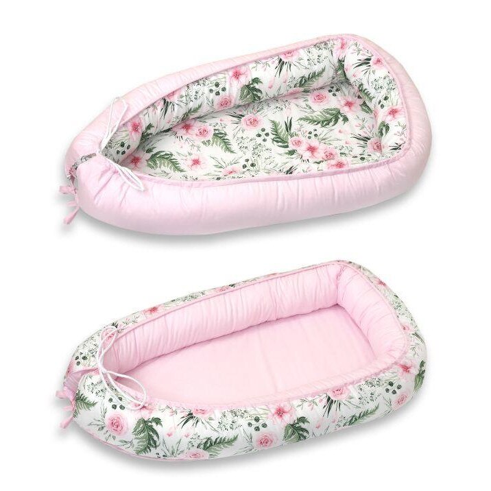 Babynest pentru bebelusi, din bumbac, fata dubla, Rose Garden Pink, 70 x 45 cm, Amy