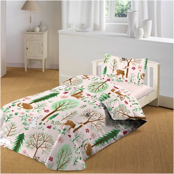 Lenjerie de pat, 3 piese, Kring WoodLandia, pentru o persoana , 132 TC, 100% bumbac, Multicolor Lenjerie de pat, 3 piese, Kring WoodLandia, pentru o persoana , 132 TC, 100% bumbac, Multicolor