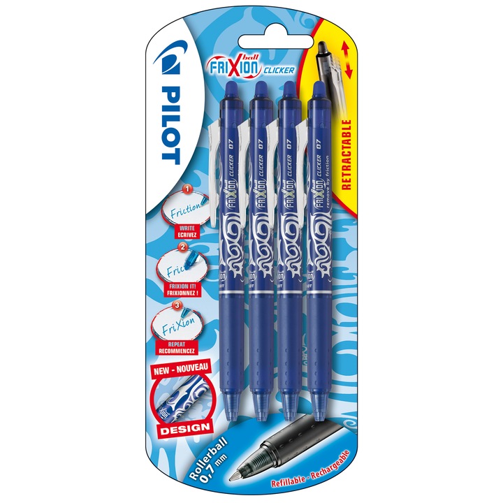 Set 4 rollere Pilot Frixion Clicker, 0.7mm, Albastru