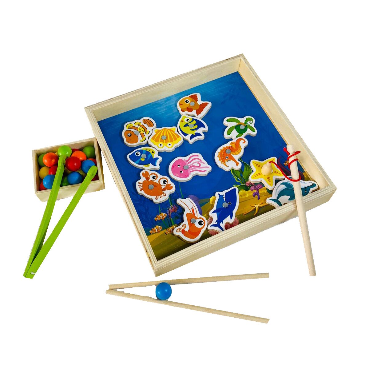 Joc de pescuit animale marine si mozaic cu bile, din lemn, Unitoys