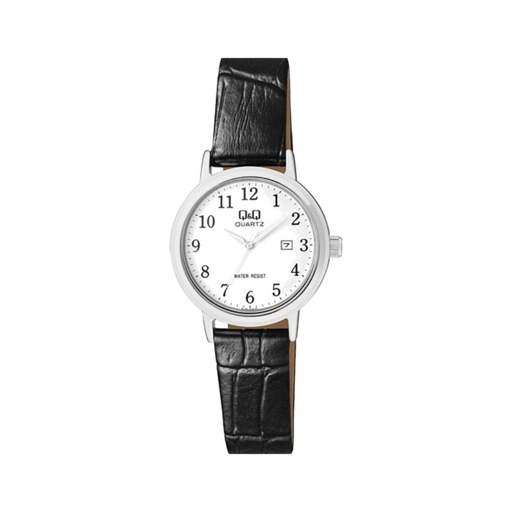 Ceas dama Q&Q, curea din piele, negru cu argintiu