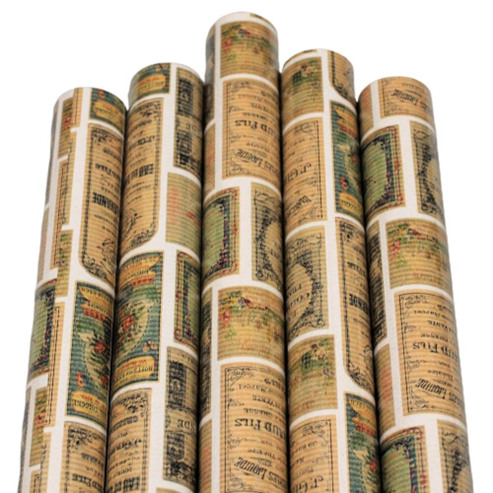 Set 5 bucati, hartie pentru ambalat cadouri, Kraft Vintage, 200x70 cm, Timbre