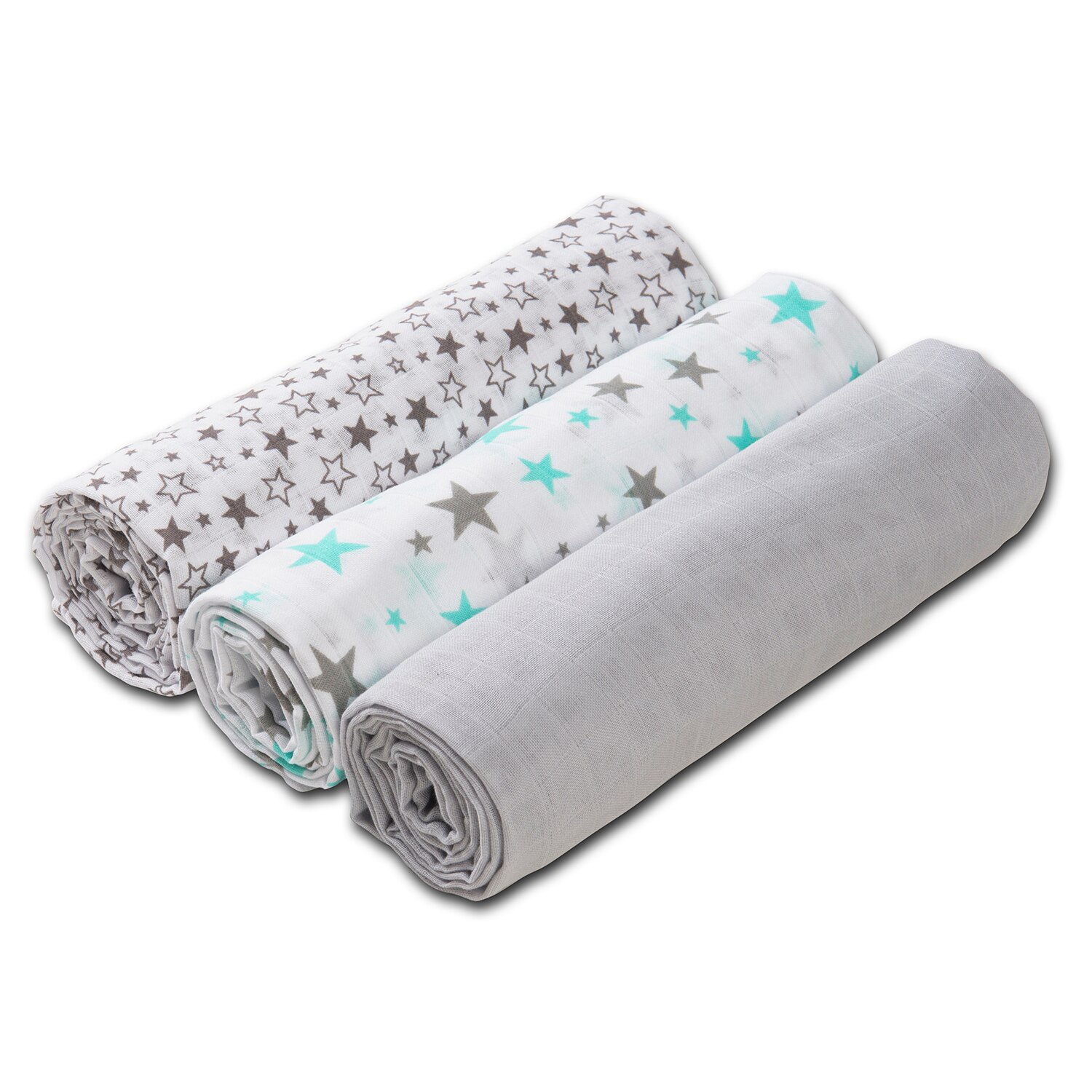 Set 3 paturici muselina 78x78 cm Kidizi Mint Stars, 100% bumbac