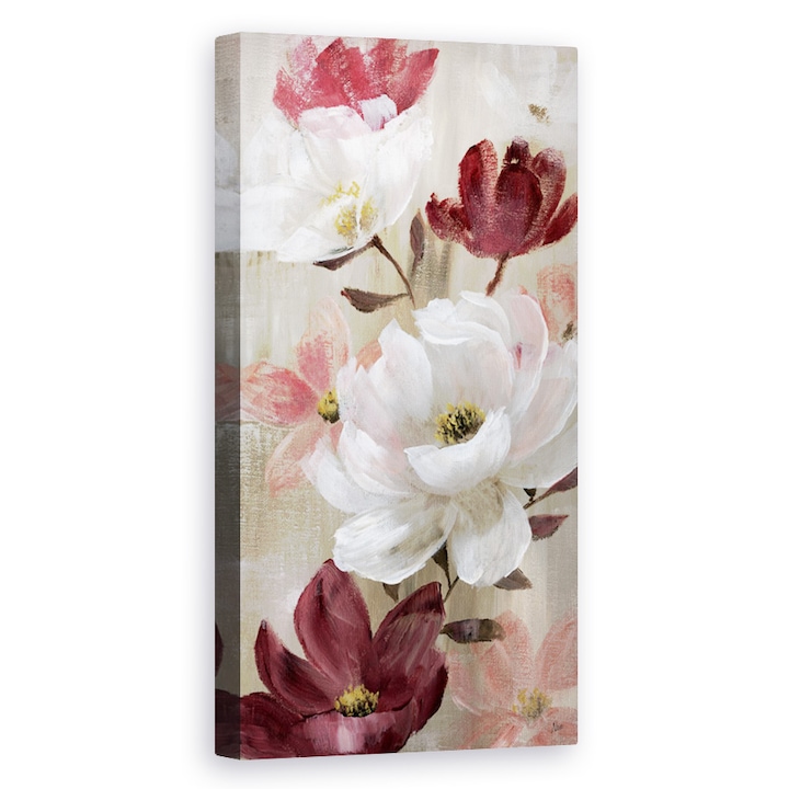 Tablou canvas - Flori, Flori De Primavara, Alb, Roz, Rosu, Pictura, 40 x 80 cm
