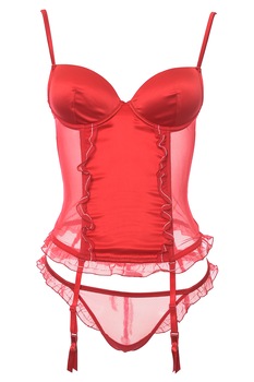 Corset cu portjartier detasabil din voal si microfibra, cu balene, Intimamoda Corset cu portjartier detasabil din voal si microfibra, cu balene, Intimamoda