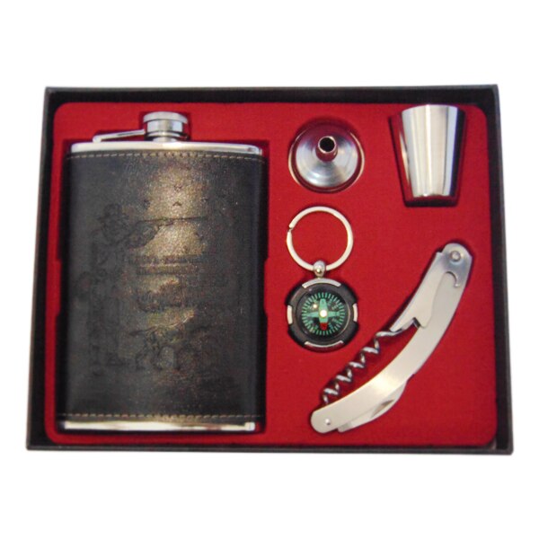 Set cadou plosca neagra, palnie, tirbuson, breloc tip busola si pahar inox