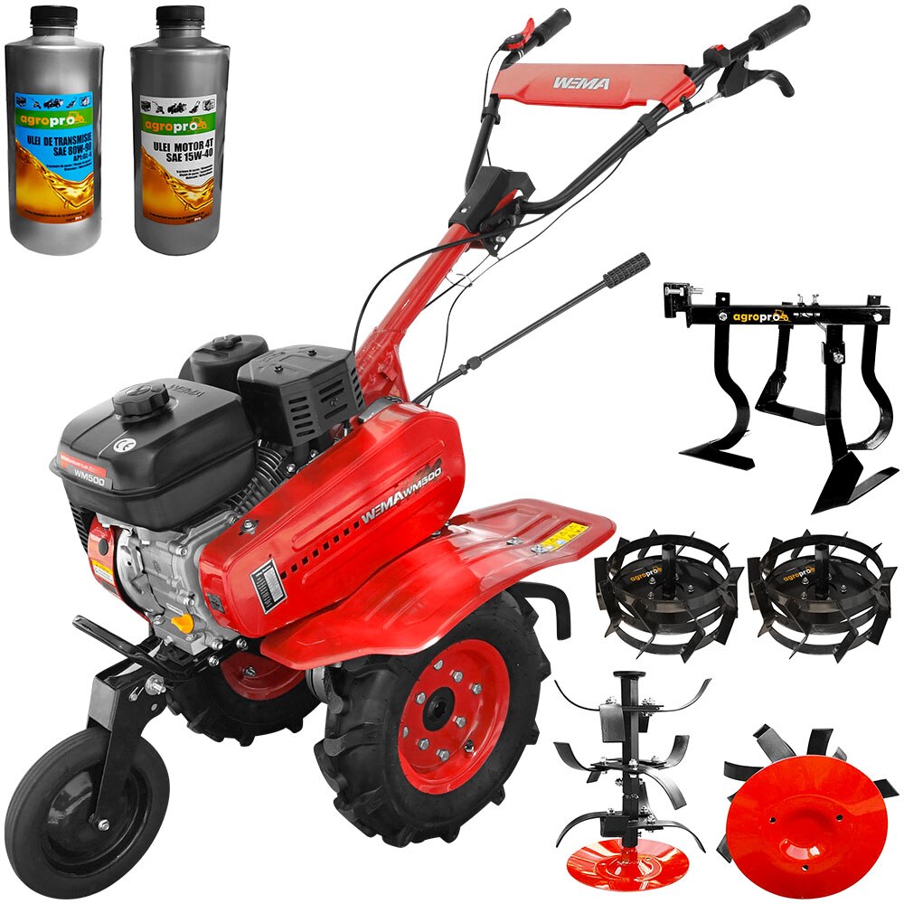 Set motosapa Weima WM 500, motor 7 CP, latime lucru 90 cm, freze, roti cauciuc 400x8, roti metal, cultivator, 2l ulei AgroPro