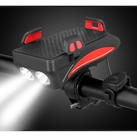 Lumina Frontala pentru Bicicleta, LittleDomi, Far cu LED, 400 Lumeni, 3 Moduri, 4 in 1 cu Suport pentru Telefon, Claxon, Acumulator 2000mAh Reincarcabil, USB, Rezistent la apa,compatibil 4-6,3 inch, Negru