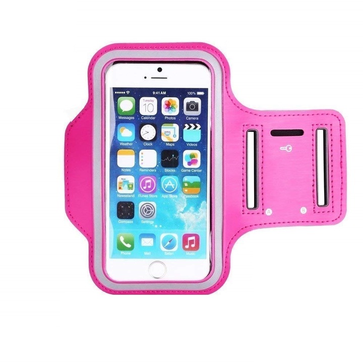 Husa telefon tip banderola, pentru alergat, sala, bicicleta, compatibila Samsung, iPhone, Huawei, Xiaomi, impermeabila, cu suport de chei si rama fluorescenta, Roz Neon