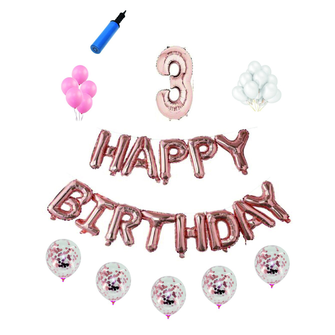 Set complet Happy Birthday , 3 ani, roz gold