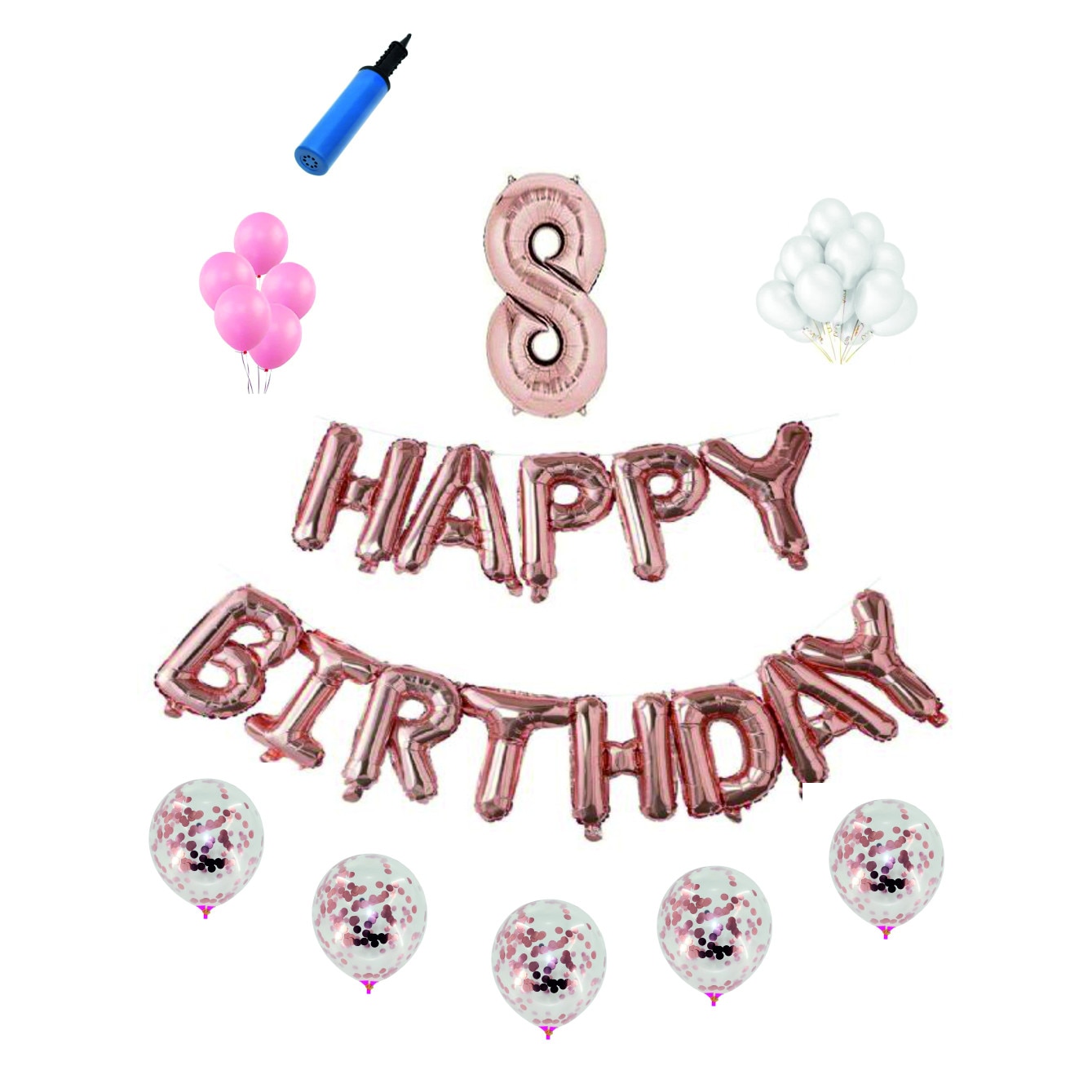 Set complet Happy Birthday , 8 ani, roz gold