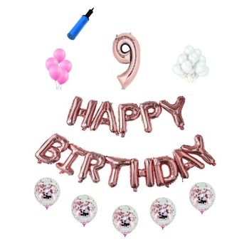 Set complet Happy Birthday , 9 ani, roz gold, cifra 1 metru Set complet Happy Birthday , 9 ani, roz gold, cifra 1 metru